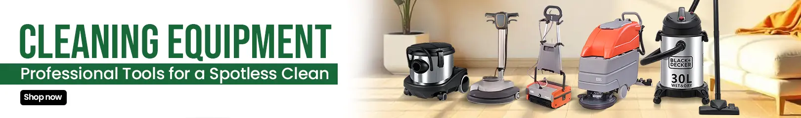 Banner showing Professional cleaning equipment lined up in a bright living room, featuring wet and dry vacuums, floor scrubbers, and polishers.